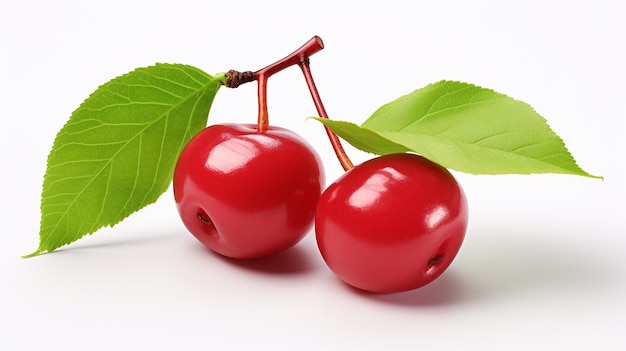 Two juicy red acerola cherry fruits with green leaf