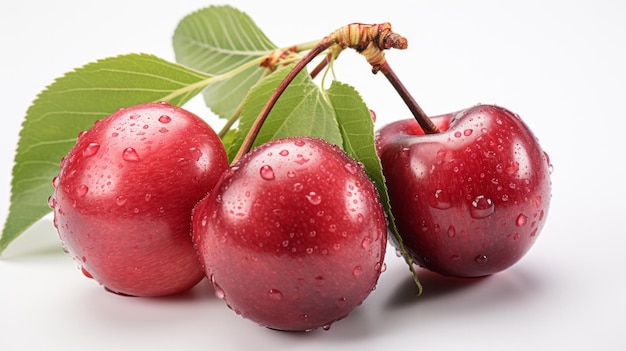 Two juicy red acerola cherry fruits with green leaves