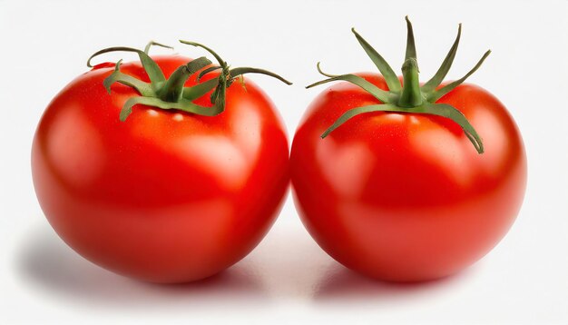 Two juicy red tomatoes isolated on white background