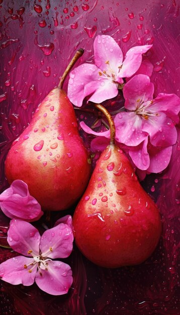 Two juicy ripe red pears painted in metallic pink with white and pink flowers a place for text