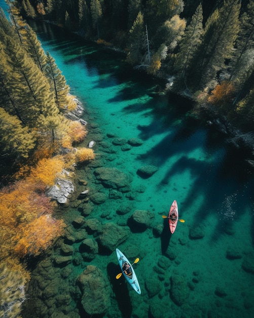 Two kayaks on a river with a forest in the background