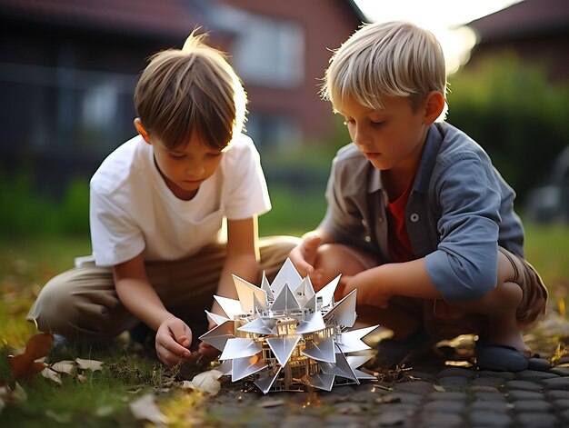 Foto due bambini costruiscono un mulino a vento partendo dalla cooperazione con gli scarti e dalle idee concettuali del servizio fotografico ima slum kid