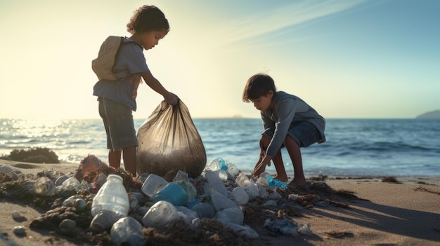 Two kids collecting garbage and bottles on the sea shore