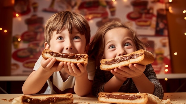 Foto a due bambini che mangiano torta e fast food