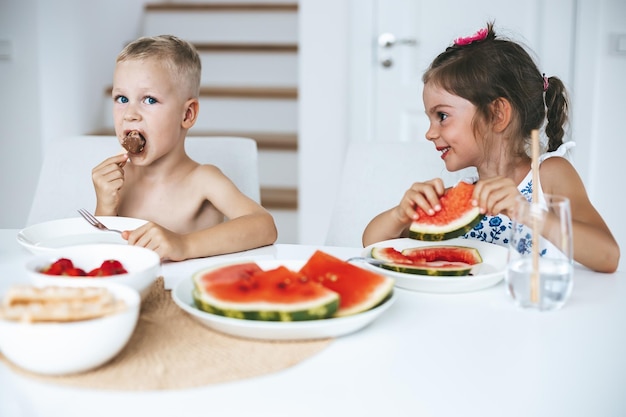 Two kids eating fresh juicy watermelon and icecream at home