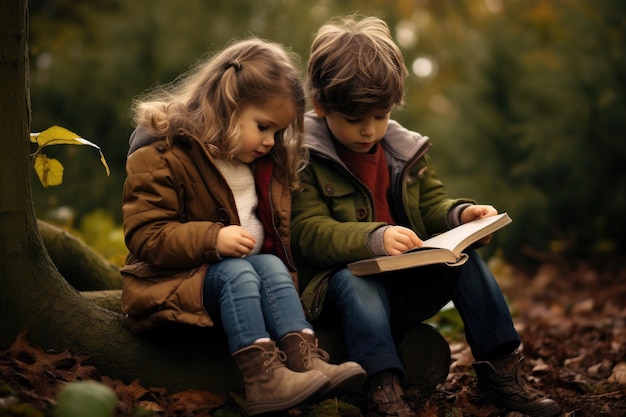 Foto due bambini assorti nella lettura di un libro mentre sono seduti su un ramo di un albero in un ambiente naturale due bambini seduti all'aperto assorti in un libro generato da ia