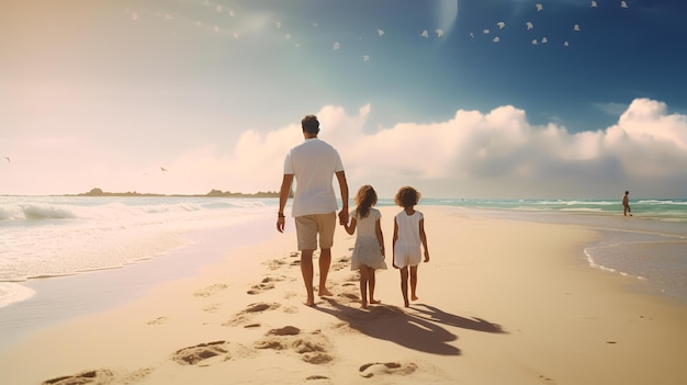 Two kids and father on the beach