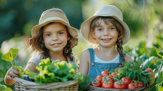 Foto due ragazzi che raccolgono verdure fresche generative ai