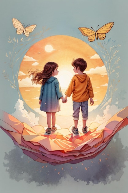 Two kids holding hands on a floating paper