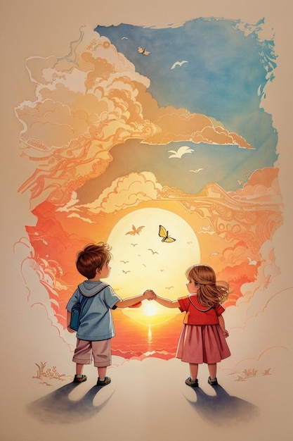 Two kids holding hands in front of a beautiful sunset