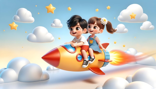 Two kids joyride on a yellow rocket among stars and clouds in a cheerful sky