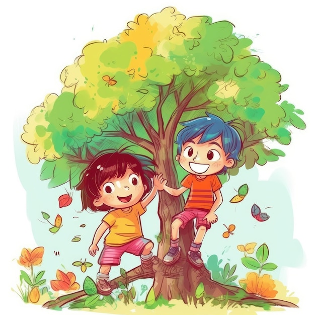 ジェネレーティブ ai を使用してツリーの周りで遊ぶ 2 人の子供の漫画イラスト