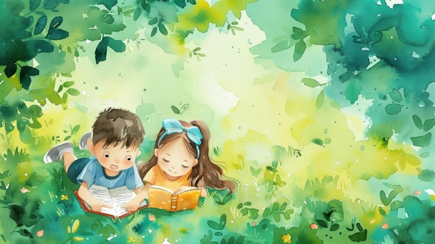 두 아이가 초록색 땅에 누워있는 책에서 이야기를 읽고 있습니다.