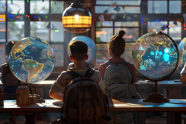 two kids sit at a table with a backpack and a large glass globe