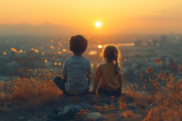 Two Kids Sitting on Hilltop