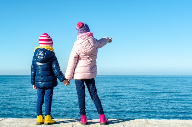 Two kids standing on sea shore, holding hands. Older one is pointing at horizon.