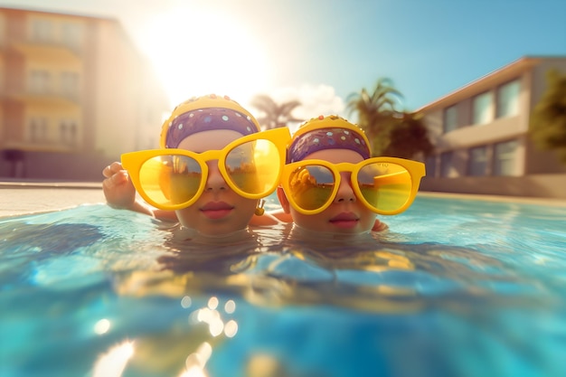 Two kids in sunglasses in a pool with the sun shining on them.