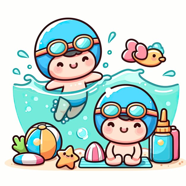 Photo two kids in the water with a blue hat and a blue hat with a bird on it