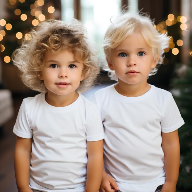 Photo two kids in white tshirt for fashion mockup