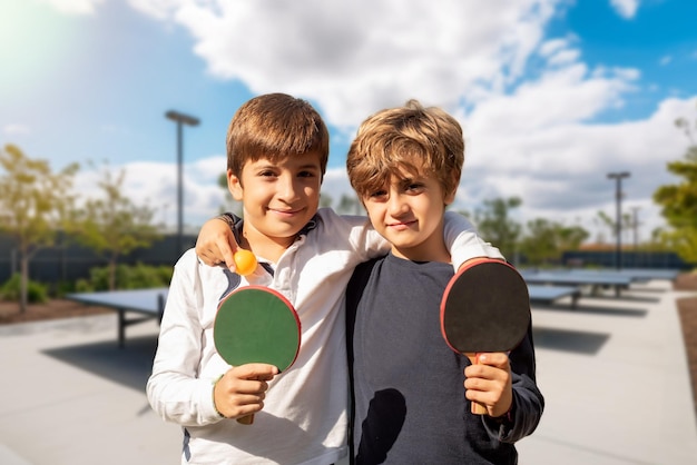 学校の活動の後,屋外のスポーツ施設でピンポンペードルで遊ぶ2人の子供