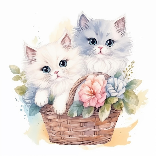 Photo two kitten in basket with flowers water color style