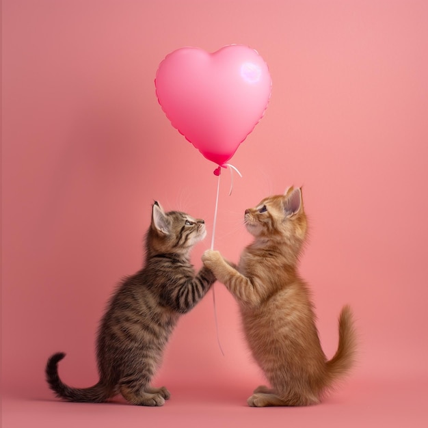 Photo two kittens are looking at a heart shaped balloon