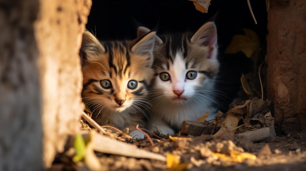 two kittens are looking out of a hole