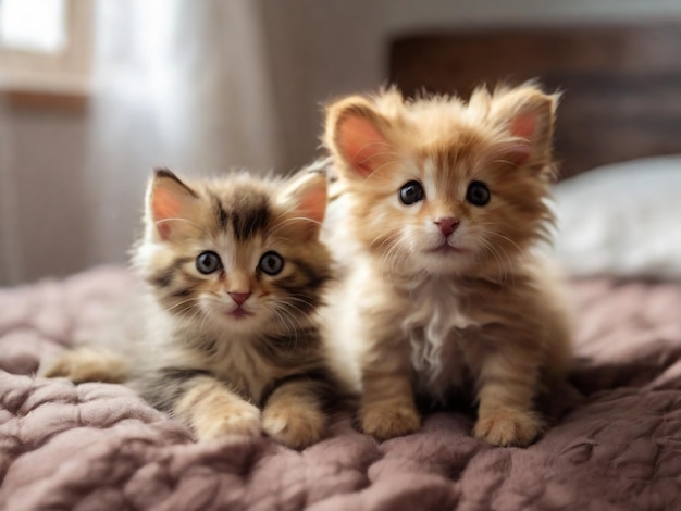 two kittens are sitting on a blanket with one looking at the camera