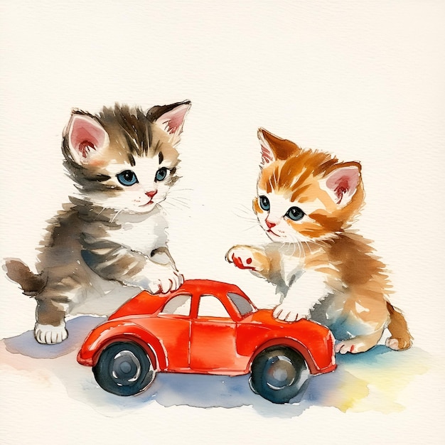 Two kittens are sitting next to a red car