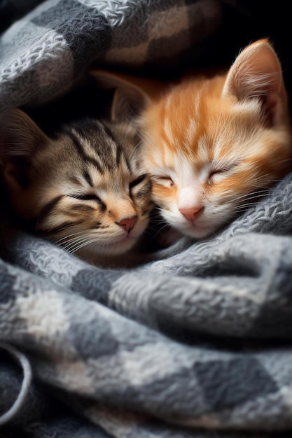 two kittens are sleeping together on a gray blanket