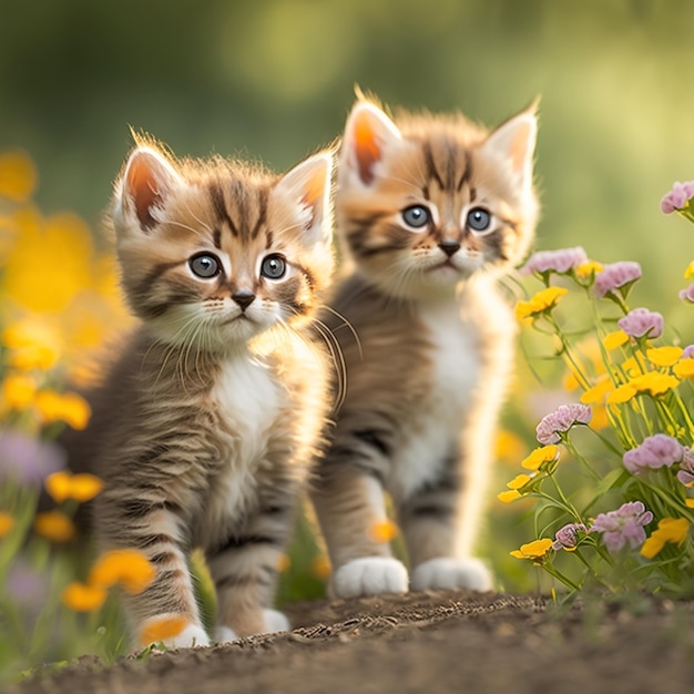 Two kittens are standing in a field of flowers