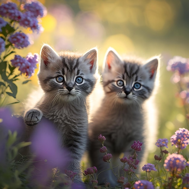 Foto due gattini sono in piedi in un campo di fiori