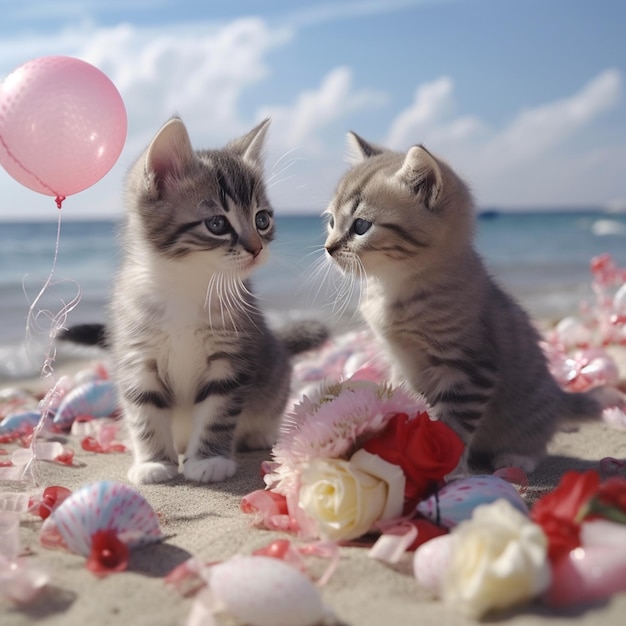 Two kittens on the beach with a pink balloon