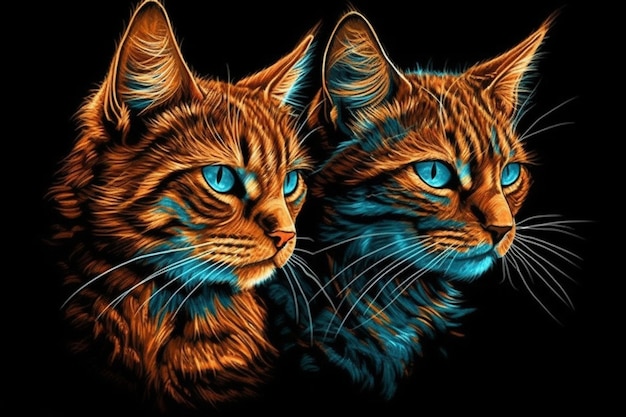 Two kittens on black background Vector illustration Closeup of two cats