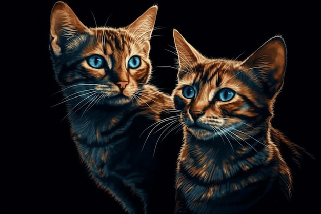 Two kittens on black background Vector illustration Closeup of two cats