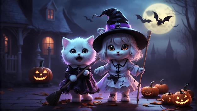 魔女の仮装をした2匹の子猫がハロウィンイブに興奮