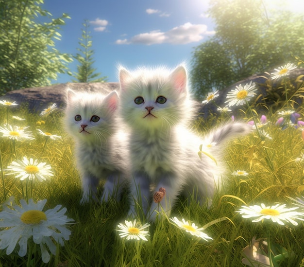 two kittens in the grass with flowers