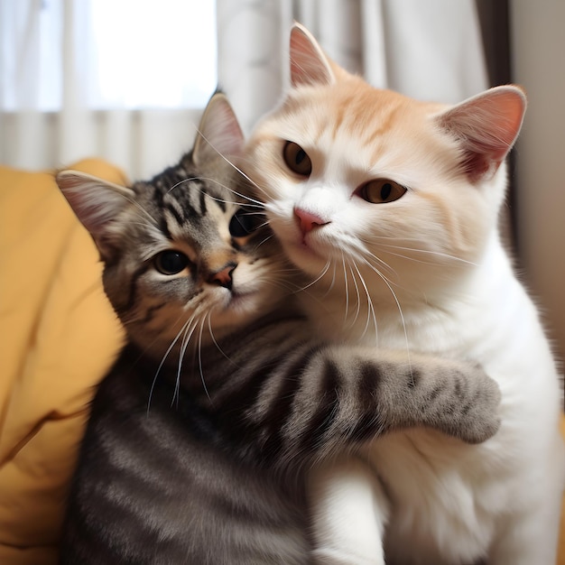 Two kittens Hugging together on a chair at home National Hugging Day social media post