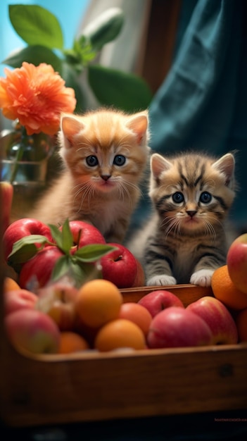 リンゴの山の中にいる2匹の子猫