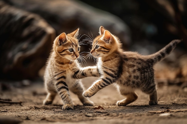 Premium Photo | Two kittens playing together on a dirt ground.