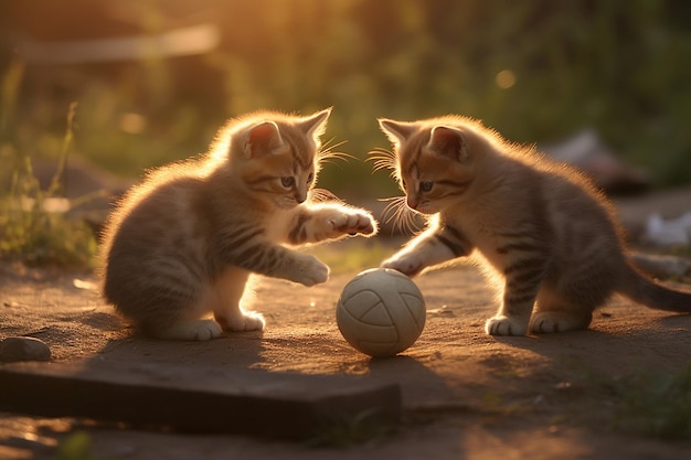 Photo two kittens playing with a ball in the sun