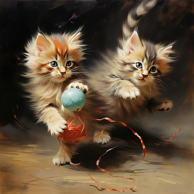 Two kittens playing with a dangling feather toy