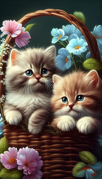 Два котенка сидят в корзине с цветами, генеративный искусственный интеллект