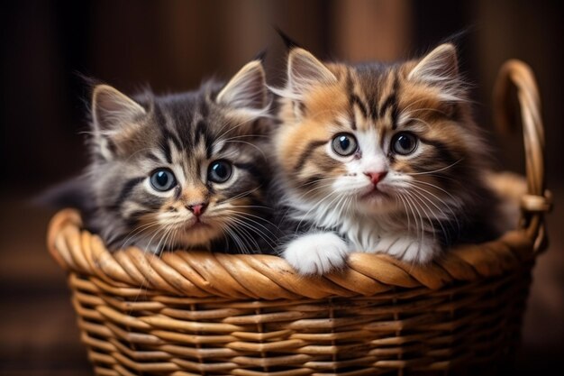 Photo two kittens sitting in a basket with one looking at the camera generative ai