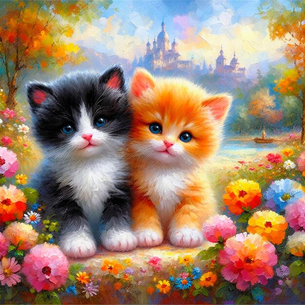 Two kittens sitting in the flower park painted in watercolor