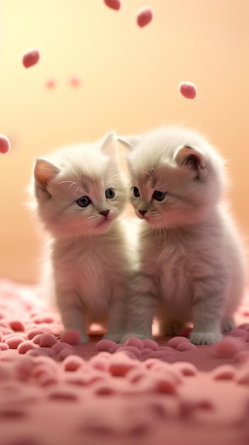 분홍색 담요에 앉아 두 새끼 고양이