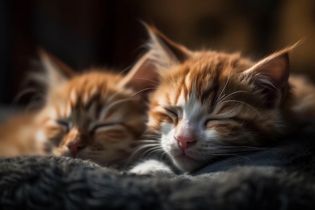 毛布の上で寝ている2匹の子猫と1匹の寝ている子猫
