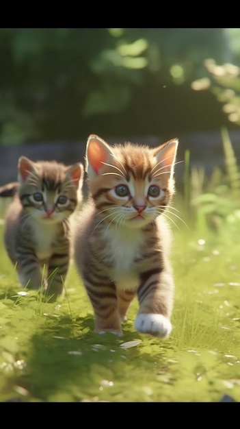 two kittens walking in the grass, one of which is a kitten.