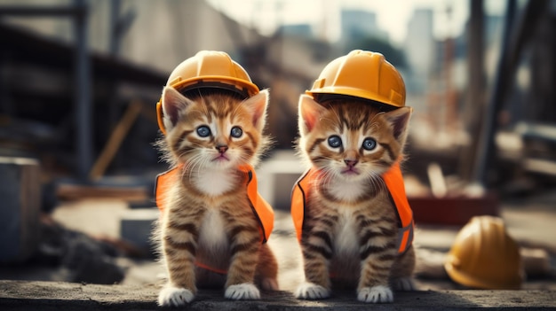 Two kittens wearing hard hats on a construction site generative ai image