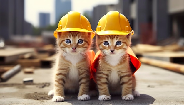 Two kittens wearing hard hats on a construction site